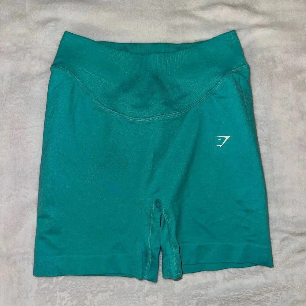 Gymshark Women’s Small High Rise Bike Shorts Teal Blue White Graphic Logo EUC